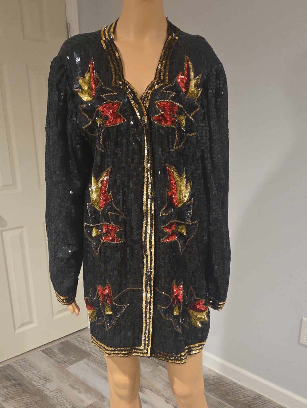 Vintage Black Sequin Long Sleeve Top with Red & Gold Floral Embellishment